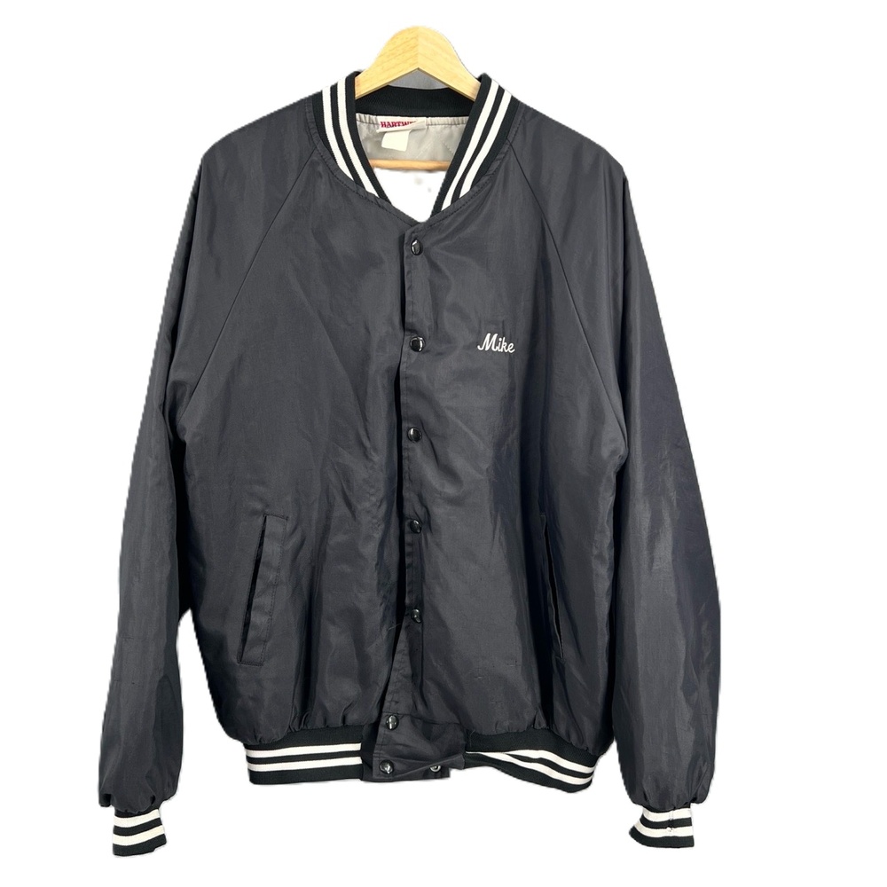 Hartwell Sports Varsity Bomber Jacket Black Satin Midnight Mudders Vintage XL